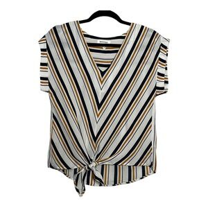Monteau Los Angeles Womens VNeck Tie Front Striped Cap Sleeve Top Navy Mustard M